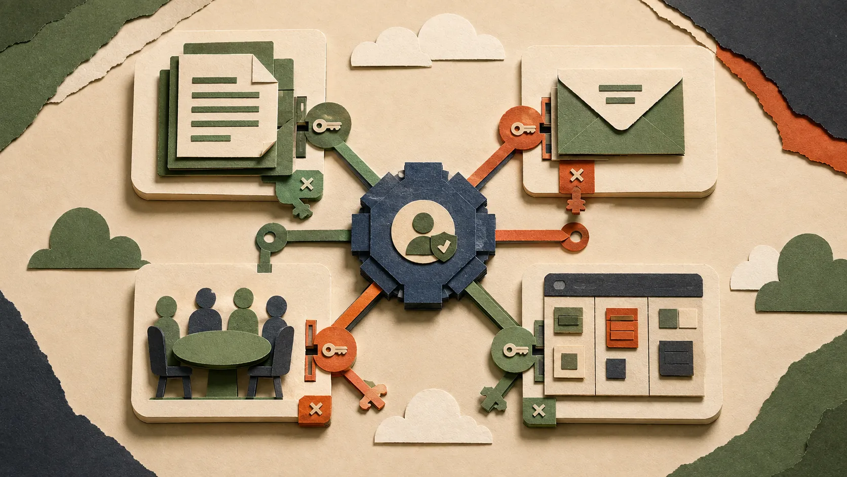 Бумажные документы, почта, совещания и записи проектов соединены через центральный узел с отдельным ключом и вкладкой отзыва на каждом пути.