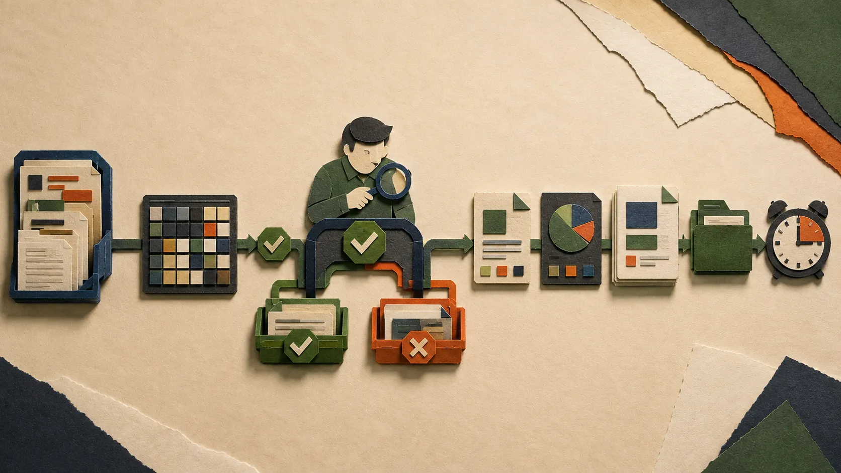 Бумажные исходные карточки и необработанные данные проходят проверку человеком и превращаются в краткий отчет, таблицу, презентацию, архив и планируются для следующего запуска.