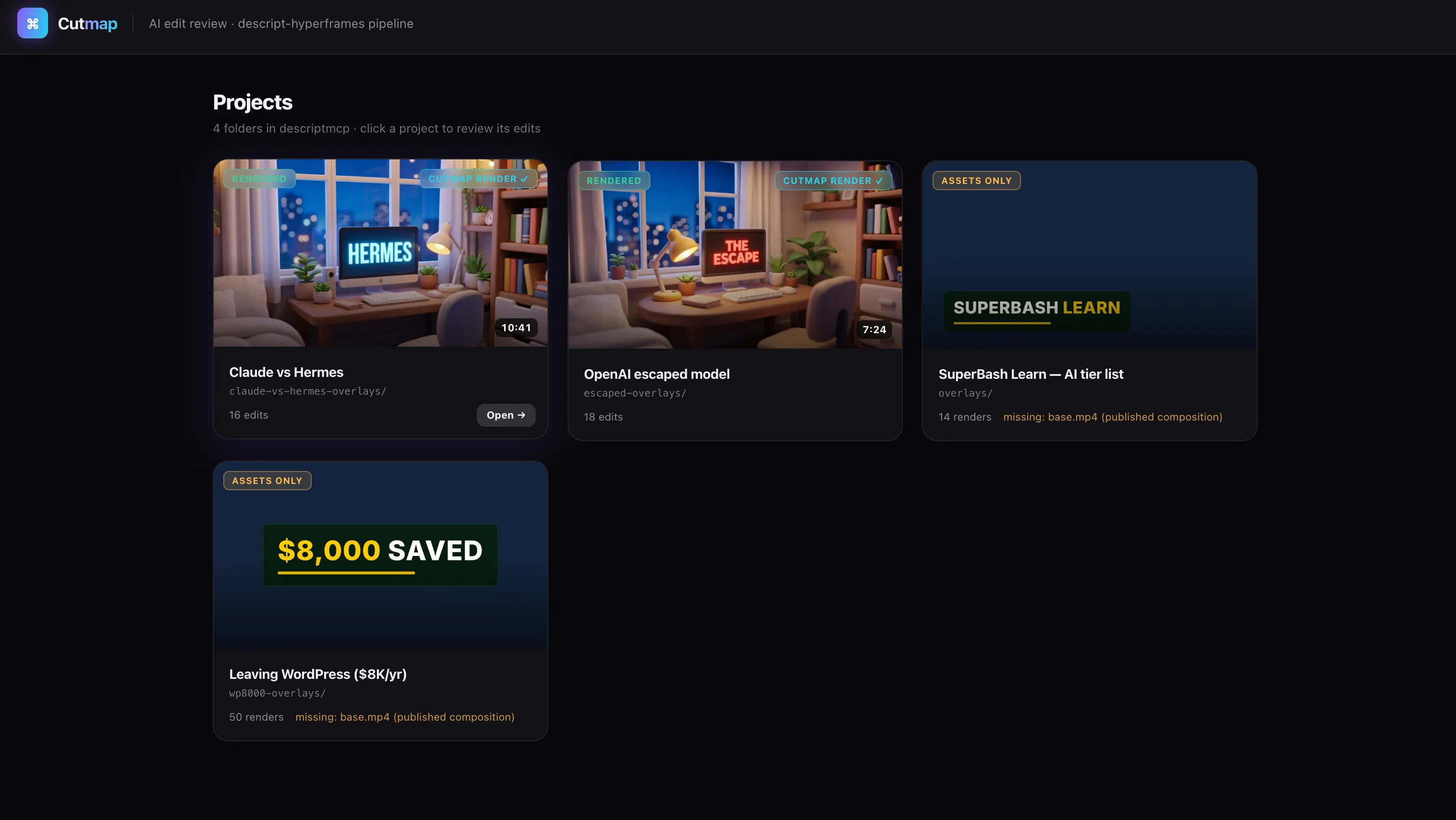 Страница проектов Cutmap, включая Claude vs Hermes, OpenAI escaped model, Mantis AI tier list и проекты Leaving WordPress