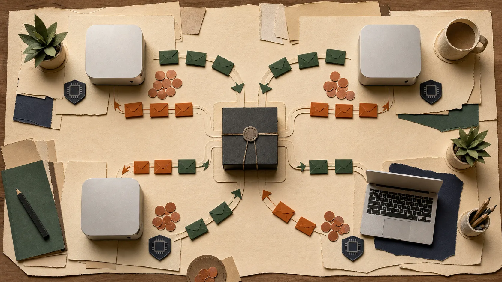 Бумажная диорама, показывающая четыре простаивающих персональных Mac, подключенных к запечатанному маршрутизатору AI-запросов с путями ответа и выплат