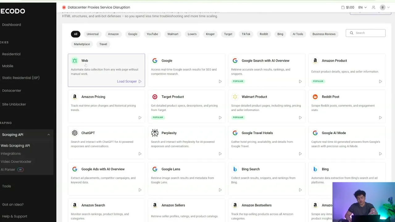 Панель управления Decodo Web Scraping API, показывающая целевые шаблоны для Web, Google, Amazon, Target, Walmart, Reddit, ChatGPT, Perplexity, Google Travel, Google AI Mode, Google Lens и Bing.