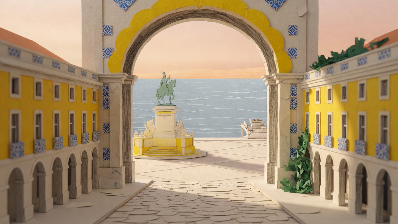 Бумажная арка, открывающая вид на Praça do Comércio и реку